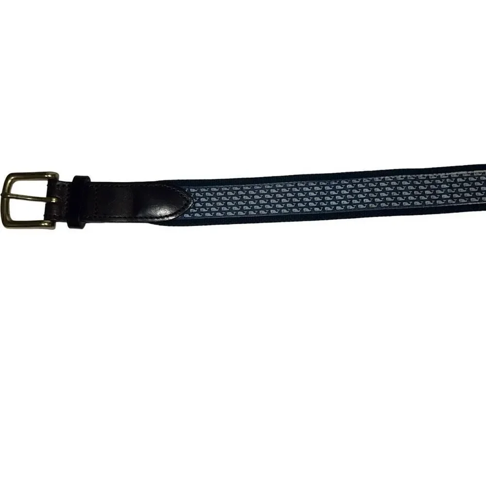 Vineyard Vines Men’s Whale Adjustable Belt Logo Silk Leather Blue Brown Sz 30